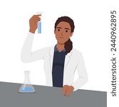 Young woman medical scientist works with the blue sample. Flat vector illustration isolated on white background