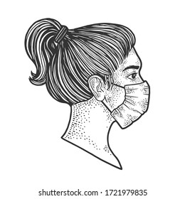 Young woman in medical surgical mask sketch engraving vector illustration. T-shirt apparel print design. Scratch board imitation. Black and white hand drawn image.