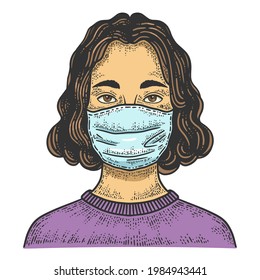 Young woman in medical surgical mask color line art sketch engraving vector illustration. T-shirt apparel print design. Scratch board imitation. Black and white hand drawn image.