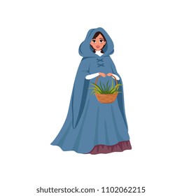 Young woman in medieval dress holding basket of herbs vector Illustration on a white background