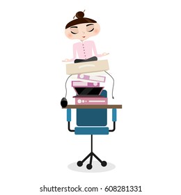 Young woman meditate  in lotus pose on the office things stack. Girl relaxing in the office. Flat style.  Vector illustration.