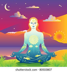 Young woman meditates by the sunset lake and mountains vector illustration