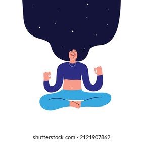 Young woman meditates with closed eyes. Girl makes yoga, relaxes at home. Body positive concept. Hands drawn illustration.