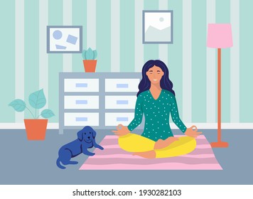 A young woman meditates at home.The concept of daily life, everyday leisure and work activities. Flat cartoon vector illustration.