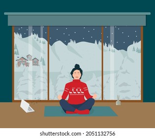 A Young Woman Meditates At Home With A View Of The Winter Landscape. Yoga And Relaxation. Vector Illustration