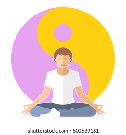Young woman meditates in the lotus pose. Female person is sitting on the yin-yang sign background. Flat vector concept illustration of yoga, zen, relaxation. Design element for buddhism infographic.