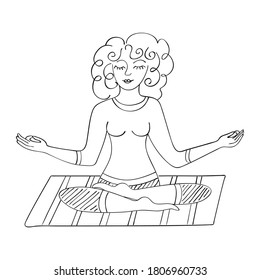 Young woman meditates on yoga mat in lotus position. Black and white hand drawn doodle. Vector illustration of emotional harmony, balance, mental health, yoga practice, relaxation, calmness.