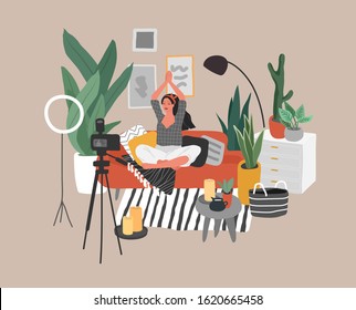 Young woman meditates, sitting in scandinavian home interior and creating content for blog or live broadcasting. Teaching yoga through internet. Blogging or vlogging. Cartoon vector