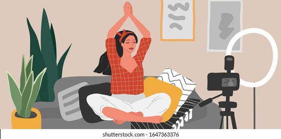 Young woman meditates, sitting in scandinavian home interior and creating content for blog or live broadcasting. Teaching yoga through internet. Blogging or vlogging. Cartoon vector