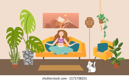 A young woman meditates while sitting on the couch. Interior vector illustration. Cozy cute room with plants.