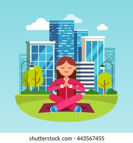 Young woman meditating in contemplation sitting on the grass in lotus yoga pose at city park. Girls hands are folded in peaceful namaste gesture, ayes closed. Flat style character vector illustration.