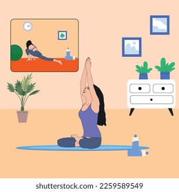 Young woman meditating doing yoga pose in the indoor background, Concept illustration for yoga, meditation, relax, recreation, healthy lifestyle.