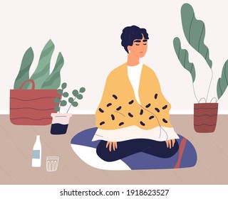 Joven meditando o haciendo yoga en casa sola. Carácter femenino relajado practicando la atención o meditación vipassana, control del aliento en la postura del loto. Ilustración de vector plana colorida