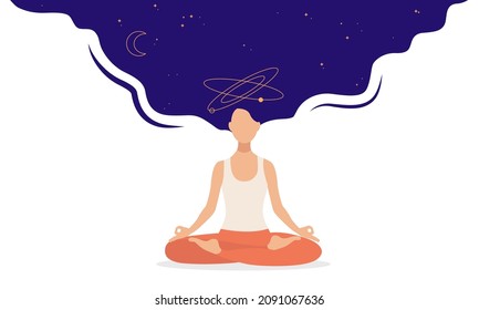 Young woman meditating with hair connected to the Universe in yoga lotus pose. Vector illustration of universe connection and healthy lifestyle, eps 10