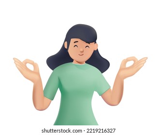 Mujer joven meditando. Emociones de felicidad, lenguaje corporal. Práctica de la meditación. Zen, armonía, yoga, meditación, relajación, recreación. Ilustración vectorial 3d. Gestos positivos, Mostrar el miembro hacia arriba, bien