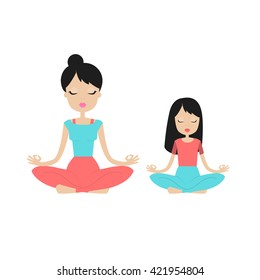 Young woman meditating with her child. Mother and daughter doing yoga together in lotus position. Kids yoga. Family yoga. Isolated on white background.