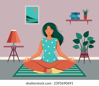 Mujer joven meditando en su habitación ilustrando el vector. Niña con los ojos cerrados sentada en la posada del loto y haciendo yoga. Meditación, yoga, concepto de salud mental