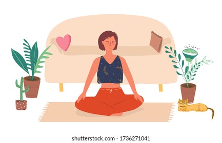 A young woman is meditating at home. The concept of mental and psychological health. Mindfulness. Vector flat illustration in cartoon style.