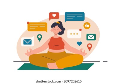 Young woman meditating at home surrounded by thoughts. Yoga practice and stress relief. Mindfulness, guided meditation, zen, harmony concept. Modern flat vector illustration