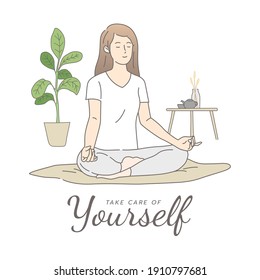 Young woman meditating in living room with tree and tea set. Self care, love yourself icon or body positive concept. International Women's day. Hand draw style. Vector illustration.