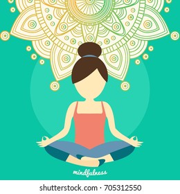 Young woman meditating in lotus pose. Healthy lifestyle and mindful meditation concept illustration vector.
