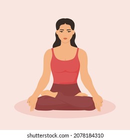 Young woman meditating in lotus pose. Female sits with legs crossed and peaceful face. Padmasana yoga pose. Vector illustration.