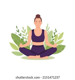 Young woman meditating in Lotus Pose outdoors. Beautiful girl practice yoga  with nature background . Vector illustration in flat style.