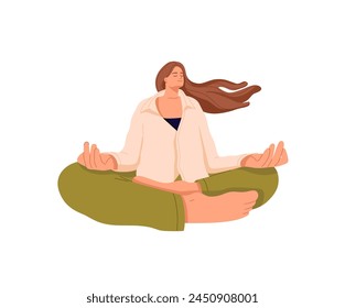 Young woman meditating in lotus pose. Happy girl practices balance, concentrates on breathing. Calm person sits in yoga asana with legs crossed. Harmony flat isolated vector illustration on white