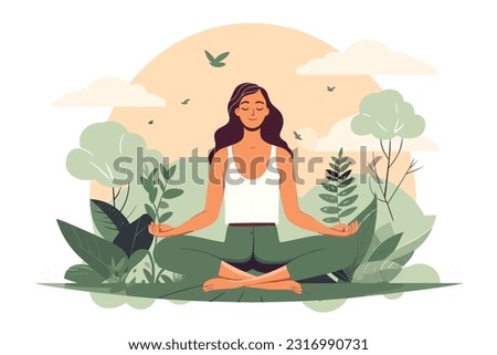 Young woman meditating in a lotus pose, on fresh nature background, flat vector illustration.