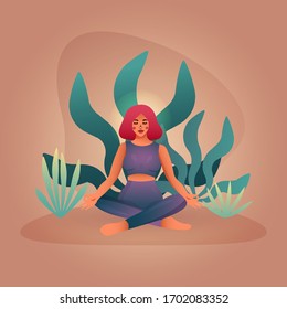 Young woman meditating in a lotus position. Minimalistic concept for yoga and meditation classes.