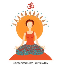A young woman meditating in a lotus position.