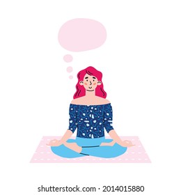 Joven meditando en la pose del yoga del loto, ilustración vectorial de dibujos animados aislados en fondo blanco. Personaje de dibujos animados femenino relajándose durante un descanso laboral.