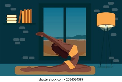 Young woman is meditating. Meditation, relaxation at home, spiritual practice, yoga and breathing exercises. Flat cartoon. Vector illustration