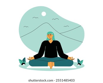 Young woman meditating in nature, classic meditation hand position, wearing casual clothes, calm mountain landscape background with clear blue sky and sun, meditation vector illustration.