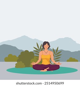 Young woman meditating in nature with landscape background. Illustration for yoga, meditation, relax, recreation, healthy lifestyle. Trendy flat vector illustration.