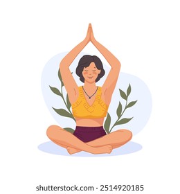 Young woman meditating in nature and leaves. Concept illustration for yoga, meditation, relax, recreation, healthy lifestyle. Trendy flat vector illustration.