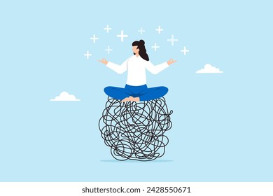 Young woman meditating on chaos mess line with positive energy