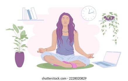 Young woman meditating on a floor in a restroom.