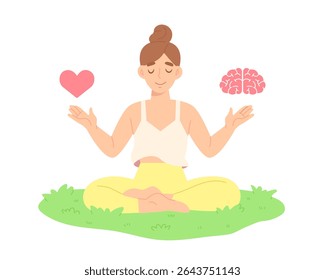 Young woman is meditating on the grass to balance her mind and heart. Practicing of emotional awareness. Concept of feelings, mental health, self-awareness, peaceful mind. Flat vector illustration.