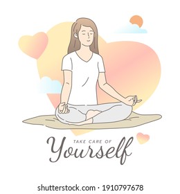 Young woman meditating on heart background. Self care, love yourself icon or body positive concept. International Women's day. Hand draw style. Vector illustration.
