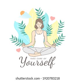 Young woman meditating on natural background. Self care, love yourself icon or body positive concept. International Women's day. Hand draw style. Vector illustration.