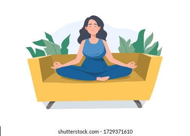 Young woman meditating on a sofa. Meditation and relax at home concept. Flat vector illustration. Girl sitting in padmasana pose isolated on white. Girl cartoon character.