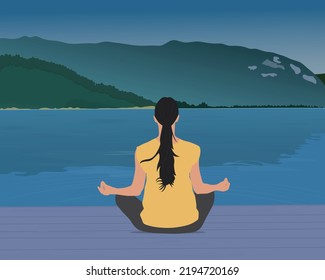 Young woman meditating on a wooden terrace by the cool riverside. Vector illustration concept of happy living or mindful living.