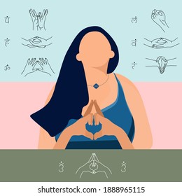 Young woman is meditating and opening her chakras with Indian ideology. Mudras for yoga. Jyotish or Hindu astrology. Vedic signs and symbols. Outline hands gestures. Vector in flat style.