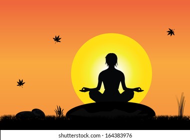 A young woman meditating peacefully on a rock in peaceful natural setting on an early morning sunrise or sunset with bright yellow sun and orange sky with maple leaves falling - concept design art