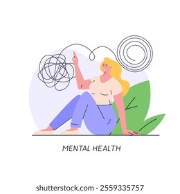 Young woman meditating. Physical and mental wellness. Concept of mental health, healthy habits, active lifestyle. Vector illustration in modern flat cartoon design