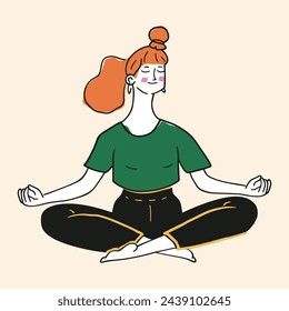 Young woman meditating. Redhead girl in bun sits cross-legged with her eyes closed, wears green shirt and black pants. Vector illustration for yoga, meditation, relax, healthy lifestyle