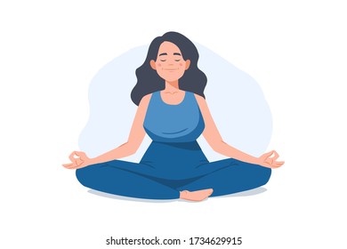 Young woman meditating. Relax concept vector illustration. Girl sitting in padmasana pose isolated on white. Flat cartoon character.