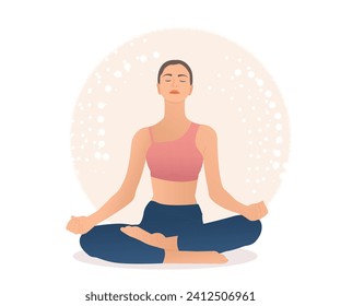 Young woman meditating, relaxing, creating peace in the mind. Vector illustration.