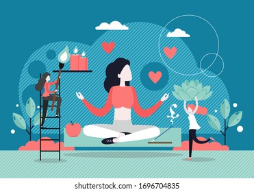 Young woman meditating, relaxing sitting in lotus yoga position, vector flat style design illustration. Yoga class, wellness, spa service.